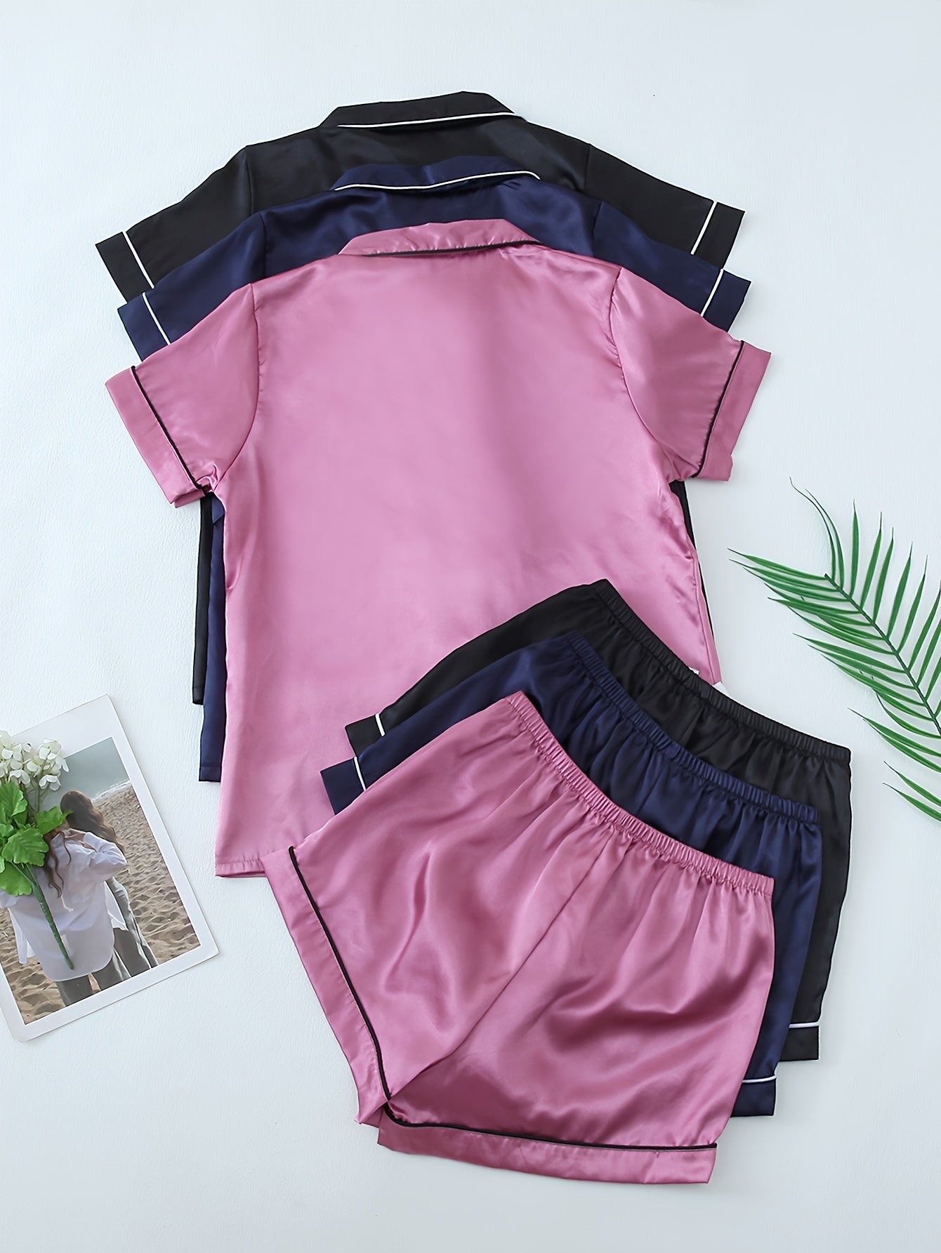 Women’s Premium Satin Night Suit Set – Pack of 3 (Pink, Navy Blue & Black)