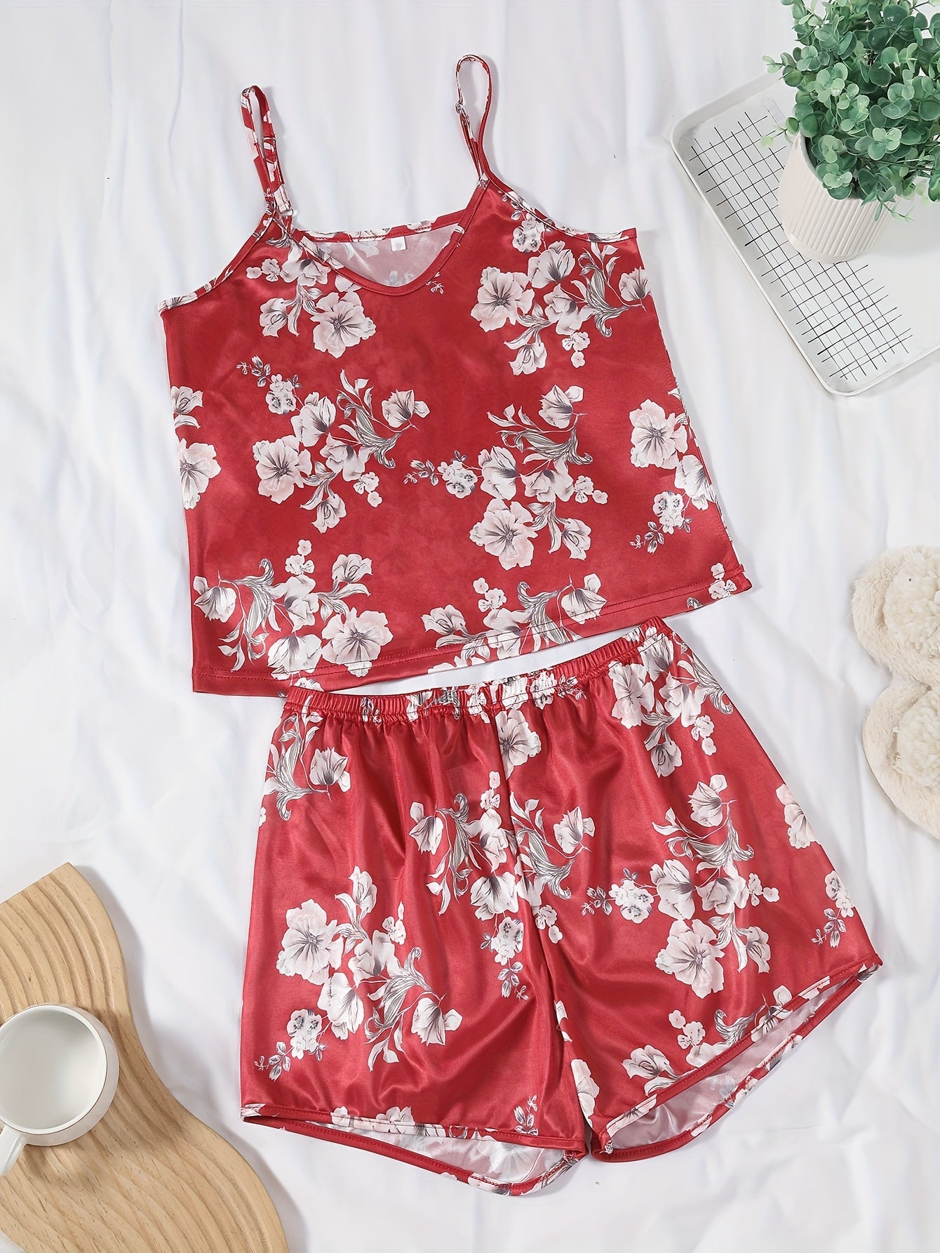 Women’s Premium Satin Cami Nightwear Set – Pack of 3 (Red, Grey & White Floral)