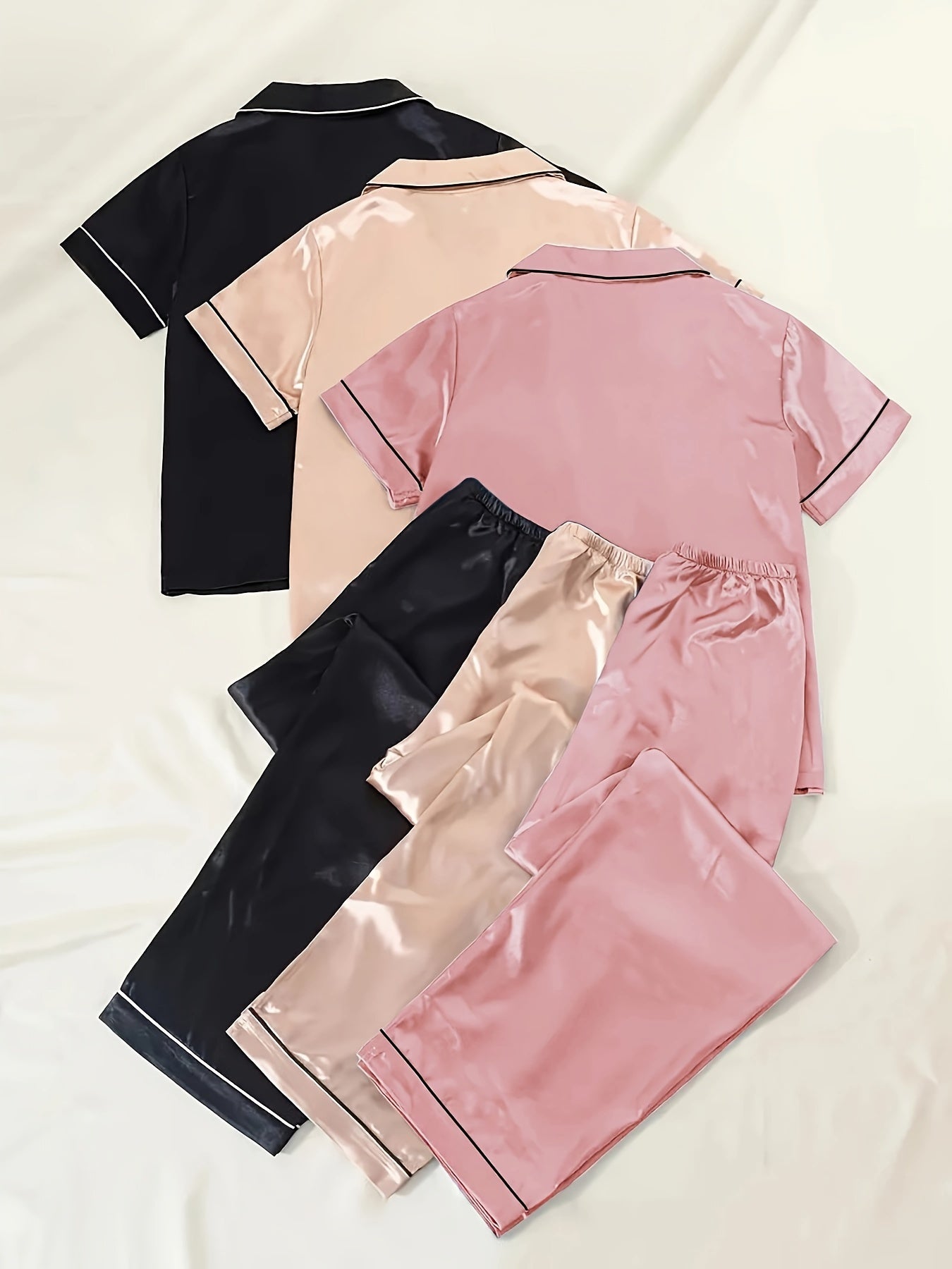 Women's Satin Short Sleeve Night Suit Set – Pack of 3 (Black, Beige & Pink)