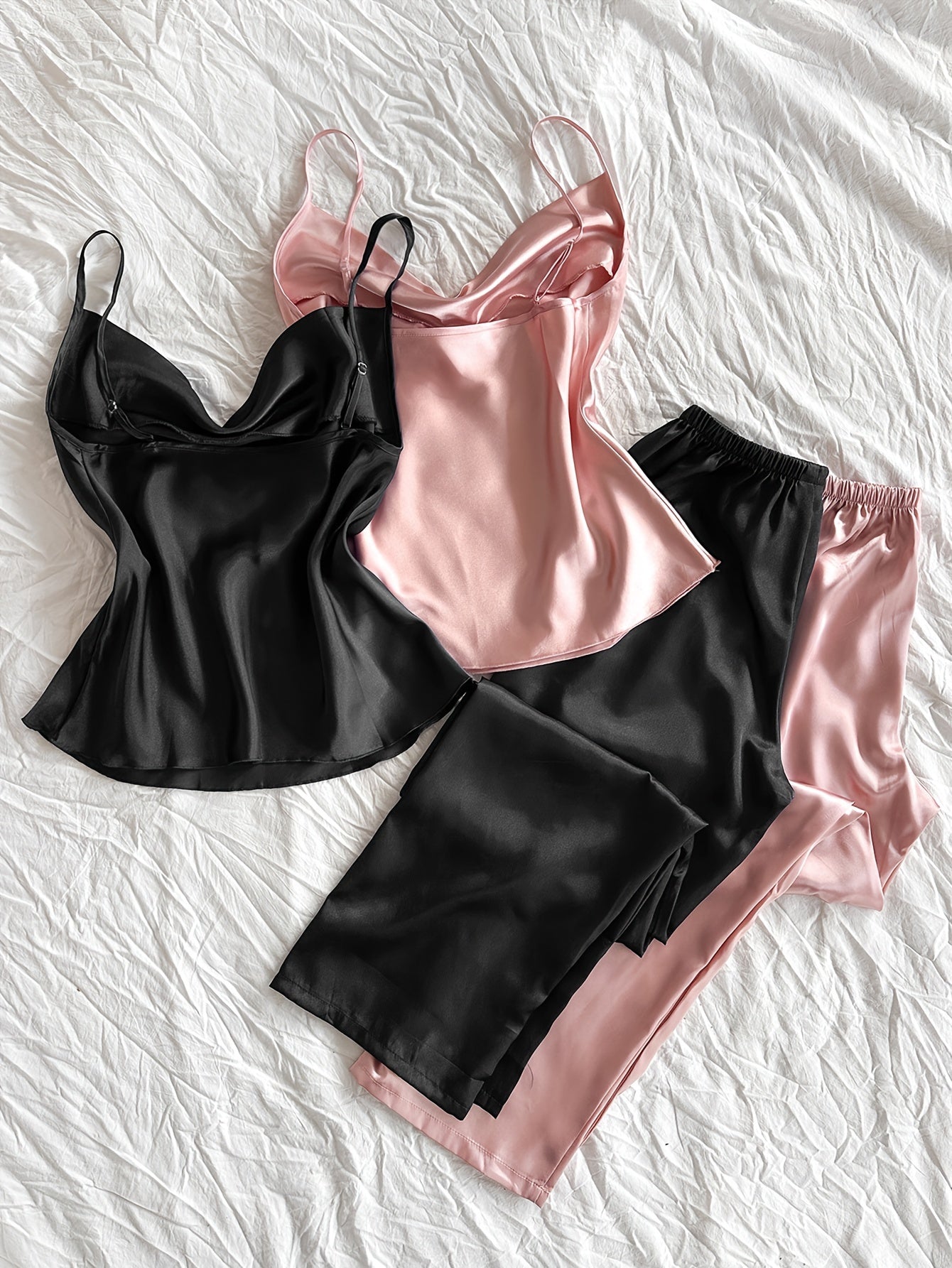 Women’s Satin Camisole Nightwear Set – Pack of 2 (Black & Pink)