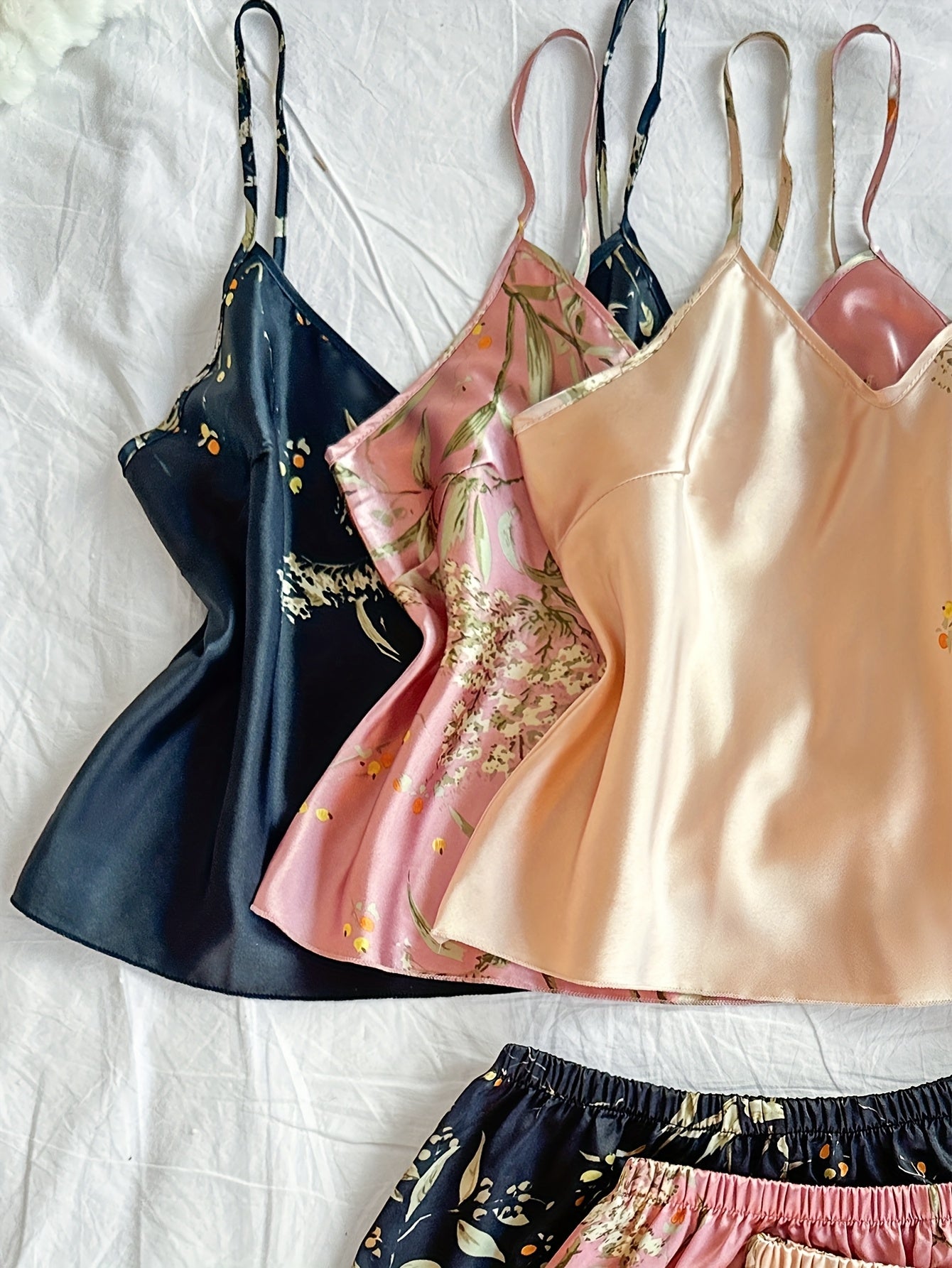 Women’s Premium Satin Cami Nightwear Set – Pack of 3 (Black, Pink & Beige Floral)