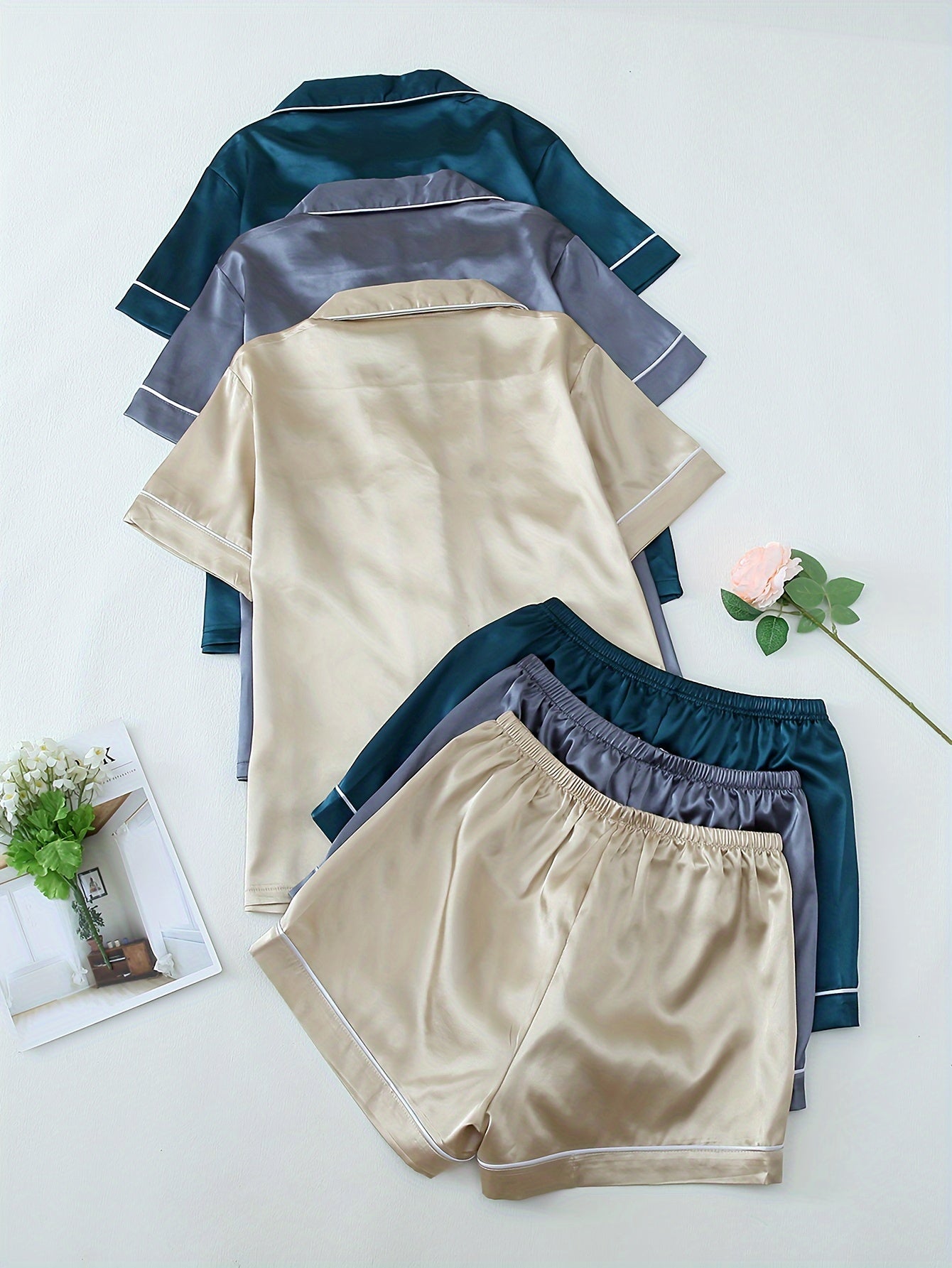 Women’s Premium Satin Night Suit Set – Pack of 3 (Beige, Grey & Teal)