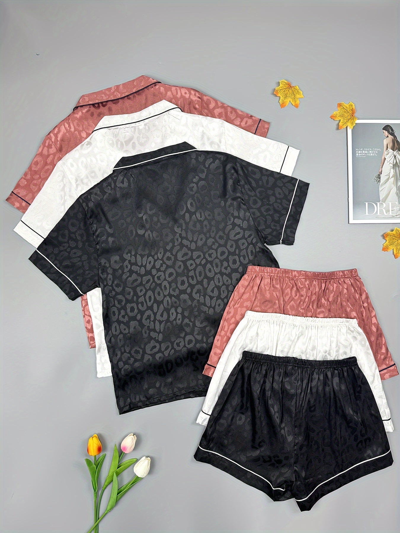 Women’s Premium Jacquard Satin Night Suit Set – Pack of 3 (Black, White & Rose Pink)