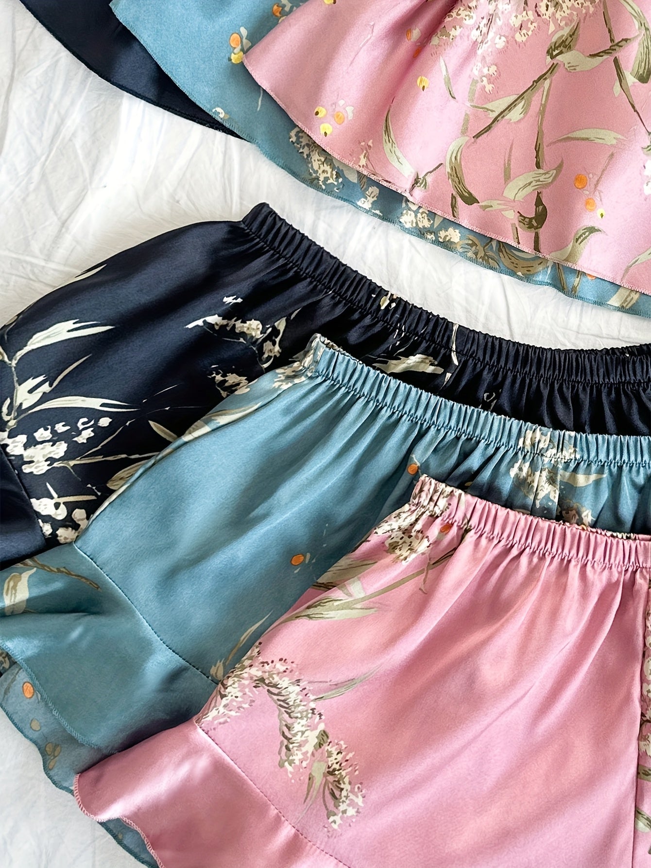 Women’s Premium Satin Cami Nightwear Set – Pack of 3 (Black, Blue & Pink Floral)