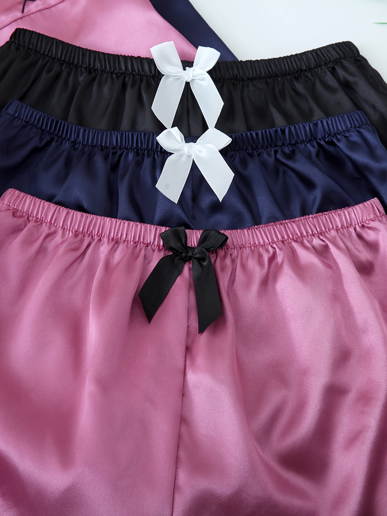 Women’s Premium Satin Night Suit Set – Pack of 3 (Pink, Navy Blue & Black)