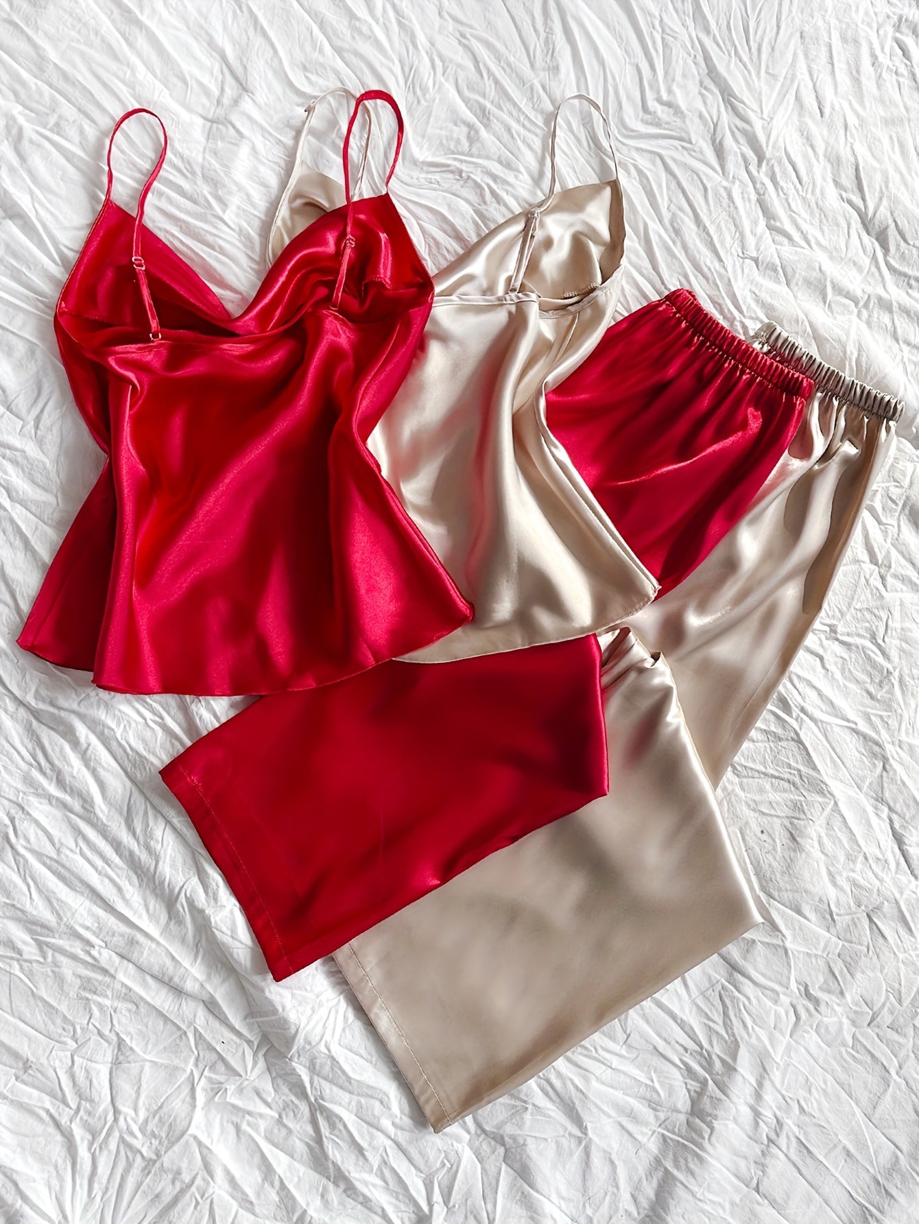 Satin Camisole Nightwear Set for Women – Pack of 2 (Red & Champagne Gold)