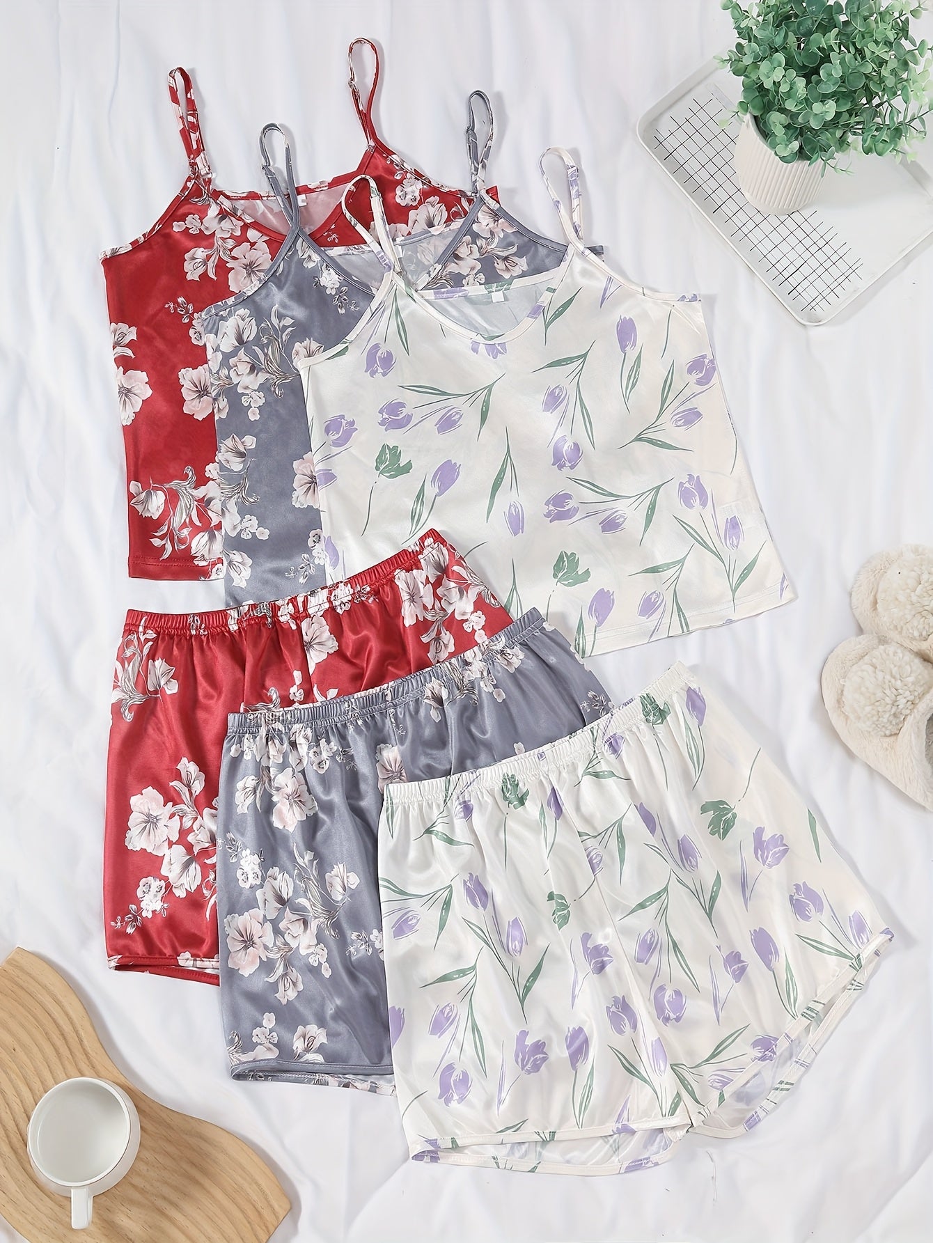 Women’s Premium Satin Cami Nightwear Set – Pack of 3 (Red, Grey & White Floral)