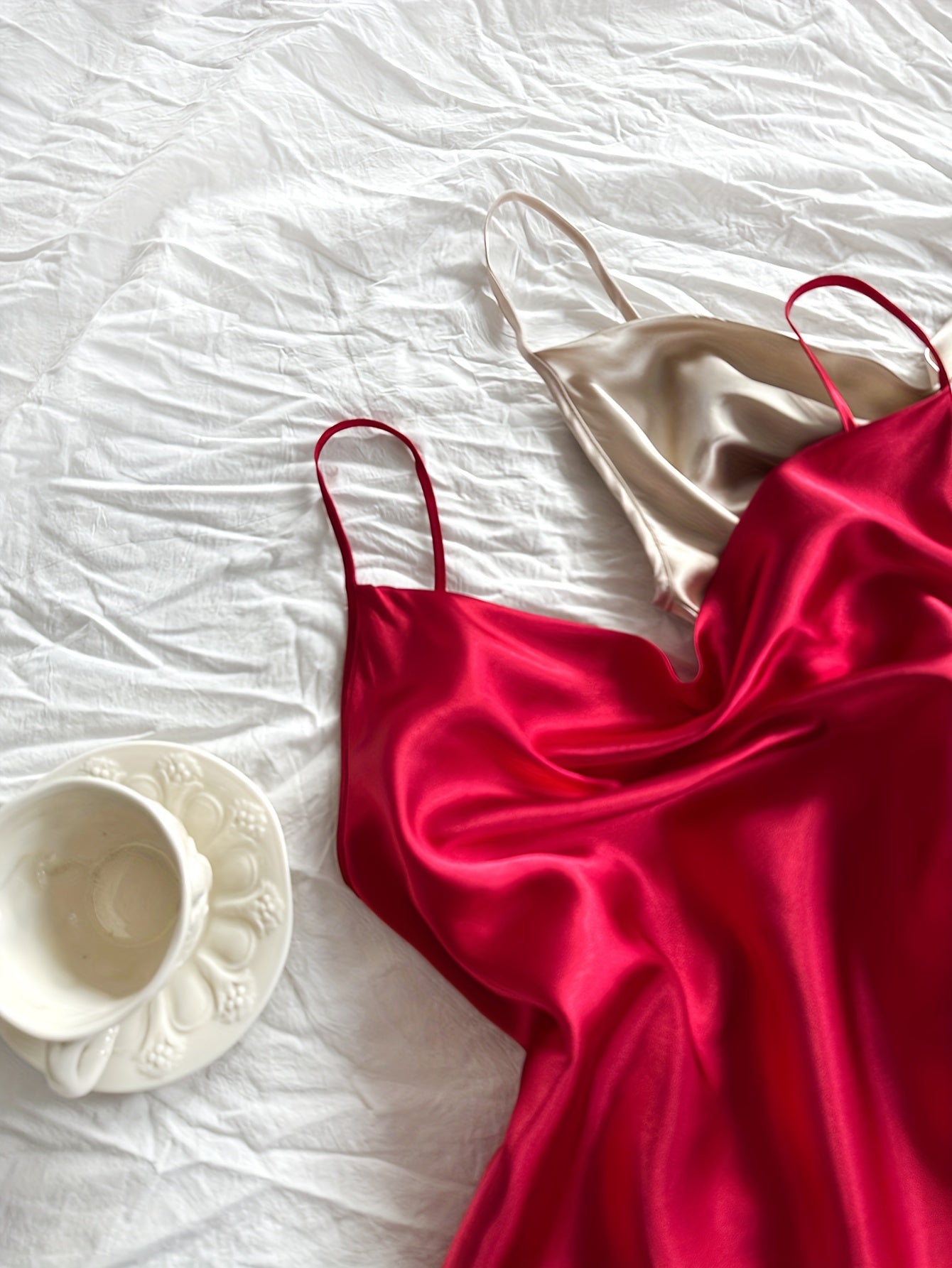 Satin Camisole Nightwear Set for Women – Pack of 2 (Red & Champagne Gold)