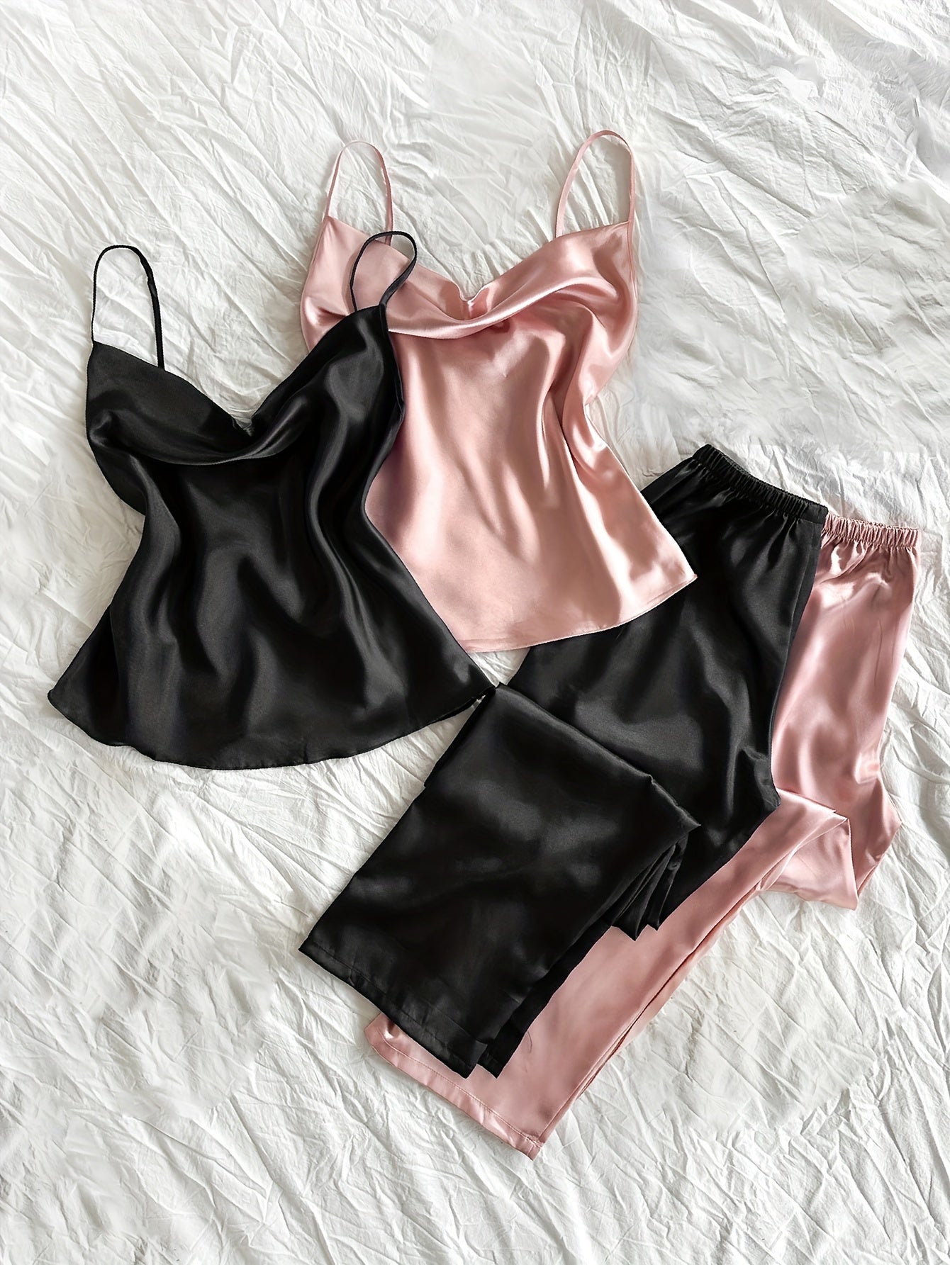 Women’s Satin Camisole Nightwear Set – Pack of 2 (Black & Pink)