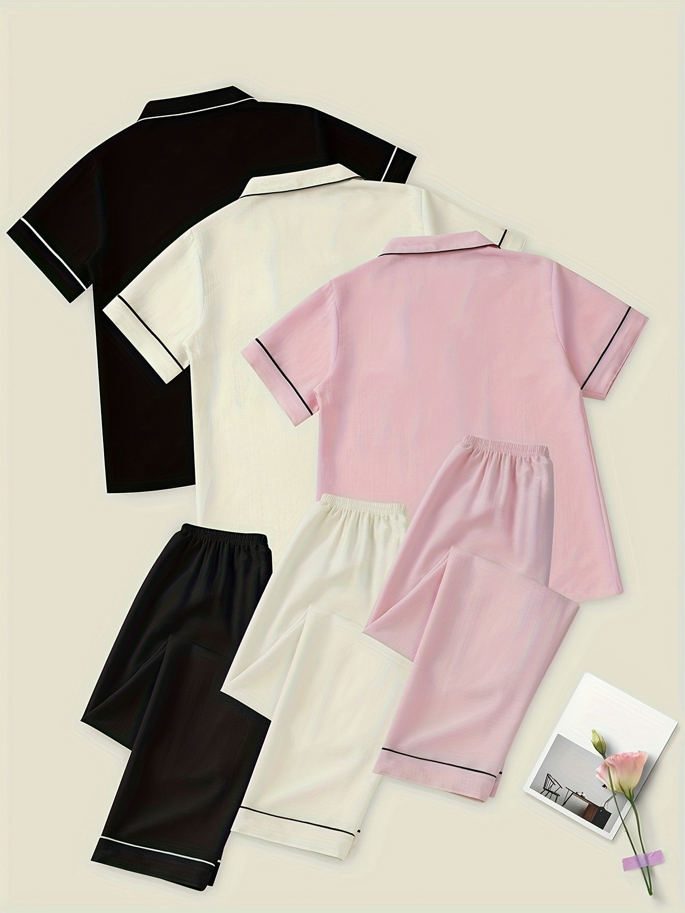 Women’s Cotton Night Suit Set – Pack of 3 (Black, White & Pink) | Short Sleeve Pajama Combo