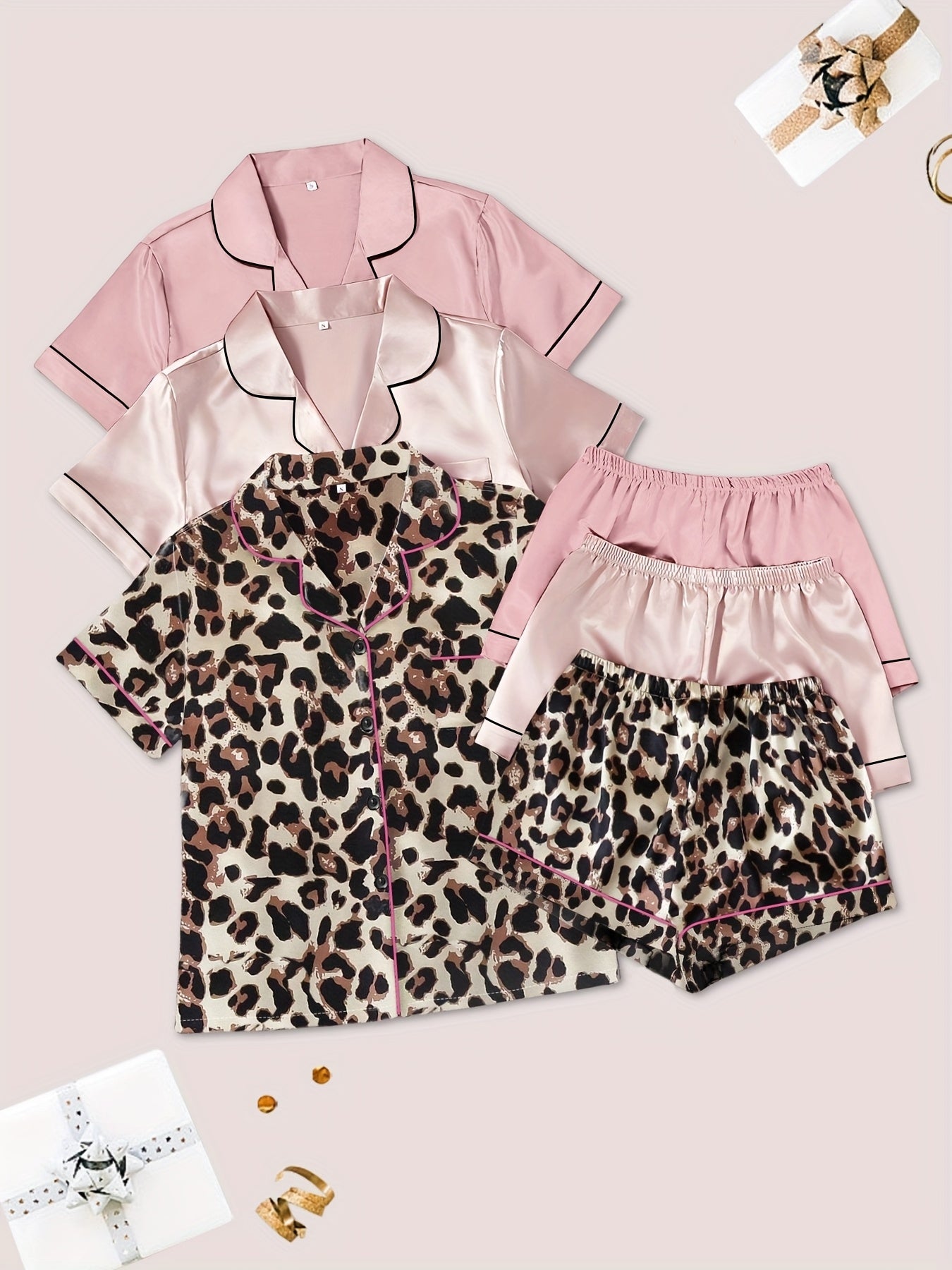 Women’s Premium Satin Night Suit Set – Pack of 3 (Leopard, Light Pink & Nude Pink)