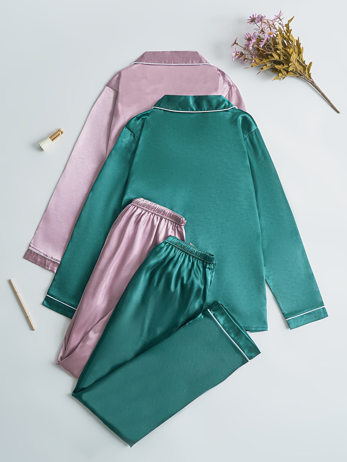 Women’s Premium Satin Night Suit Set – Pack of 2 (Emerald Green & Dusty Pink)