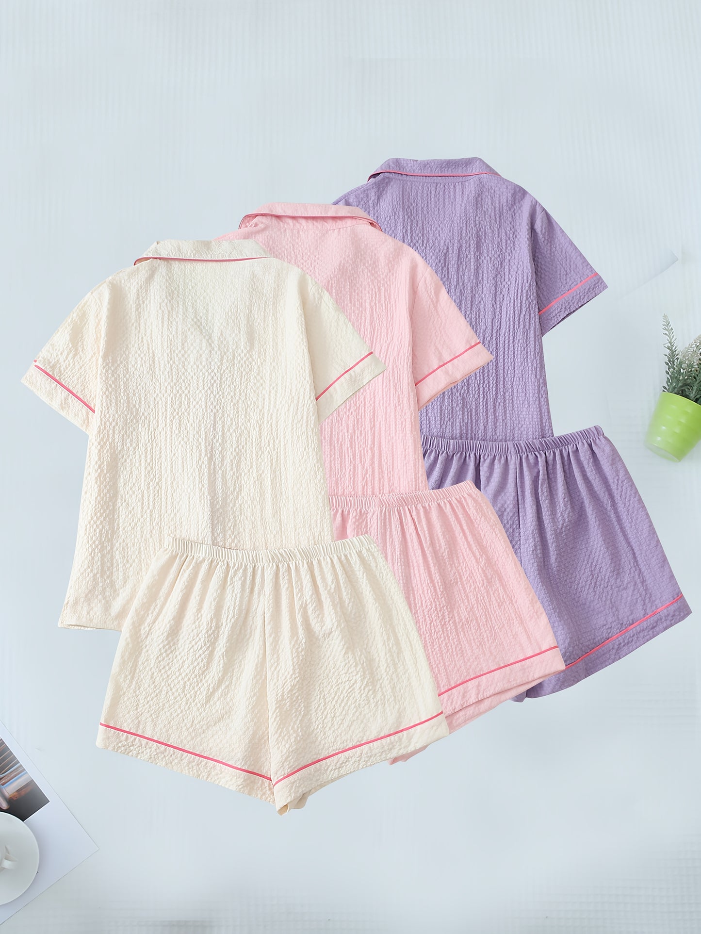 Women’s Premium Cotton Night Suit Set – Pack of 3 (Cream, Pink & Lavender)