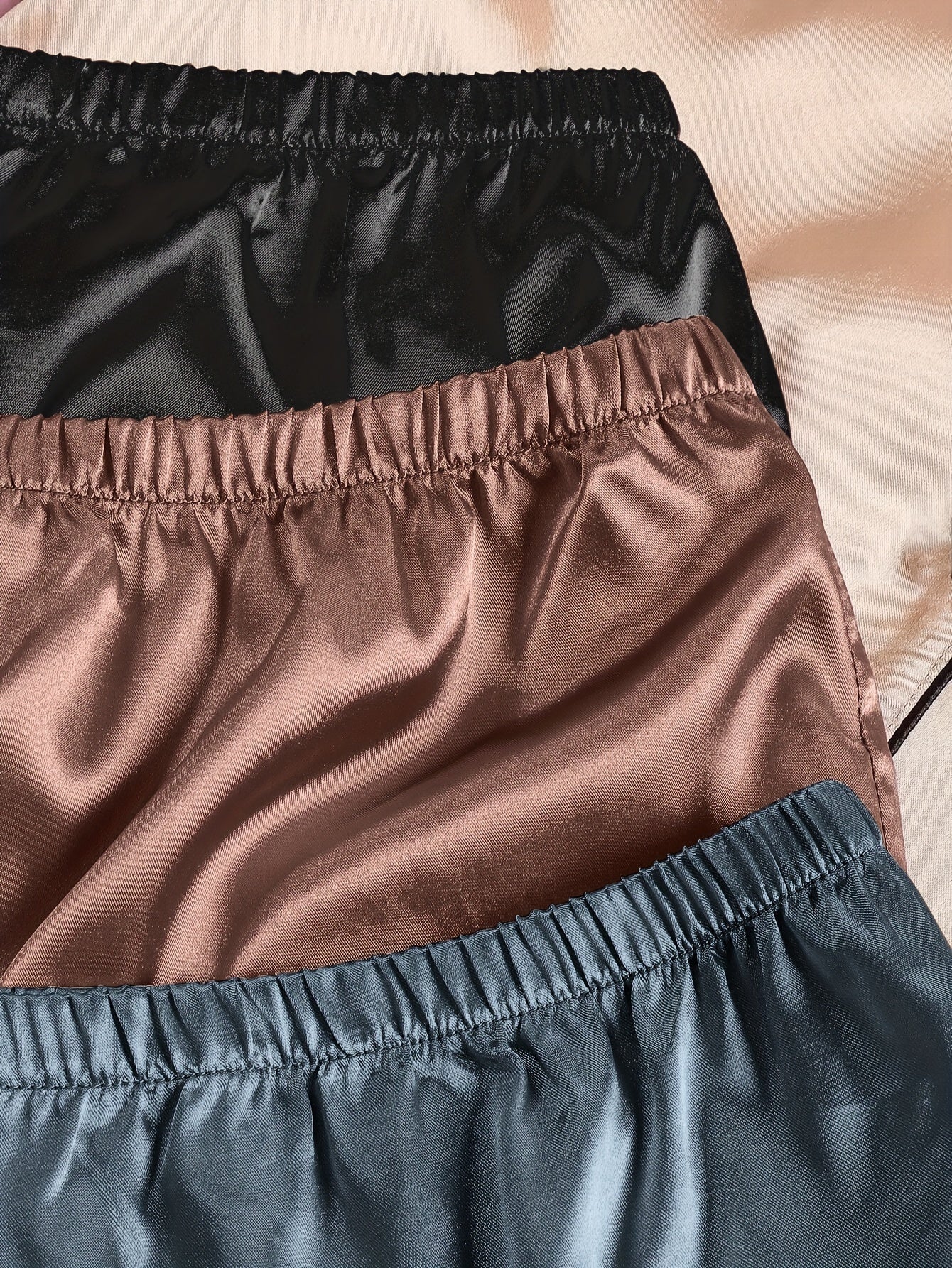 Women’s Premium Satin Night Suit Set – Pack of 3 (Black, Brown & Blue)