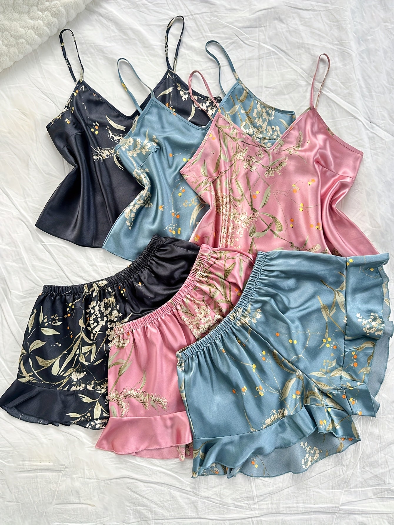 Women’s Premium Satin Cami Nightwear Set – Pack of 3 (Black, Blue & Pink Floral)