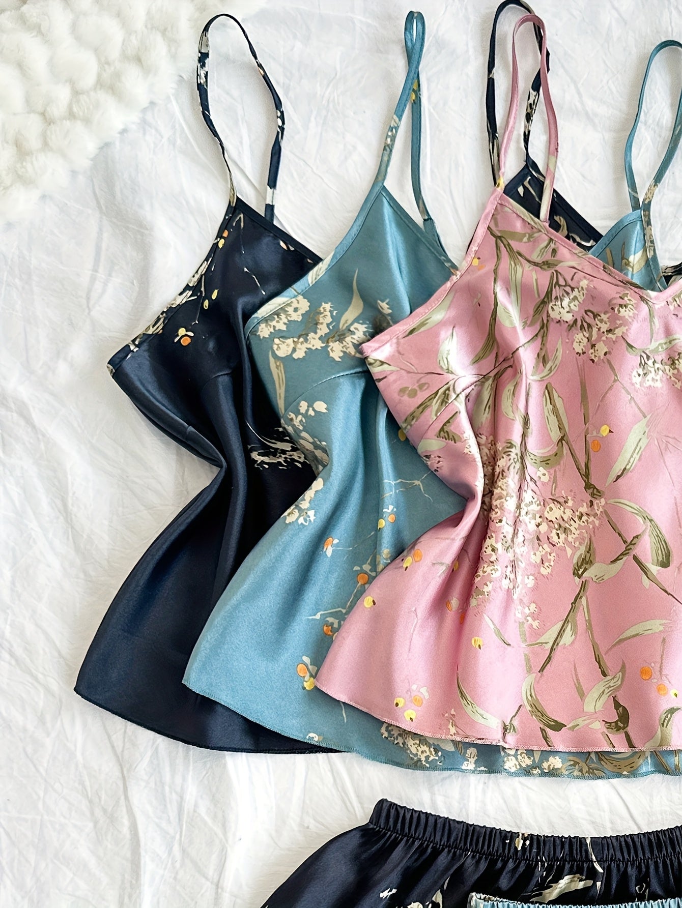 Women’s Premium Satin Cami Nightwear Set – Pack of 3 (Black, Blue & Pink Floral)