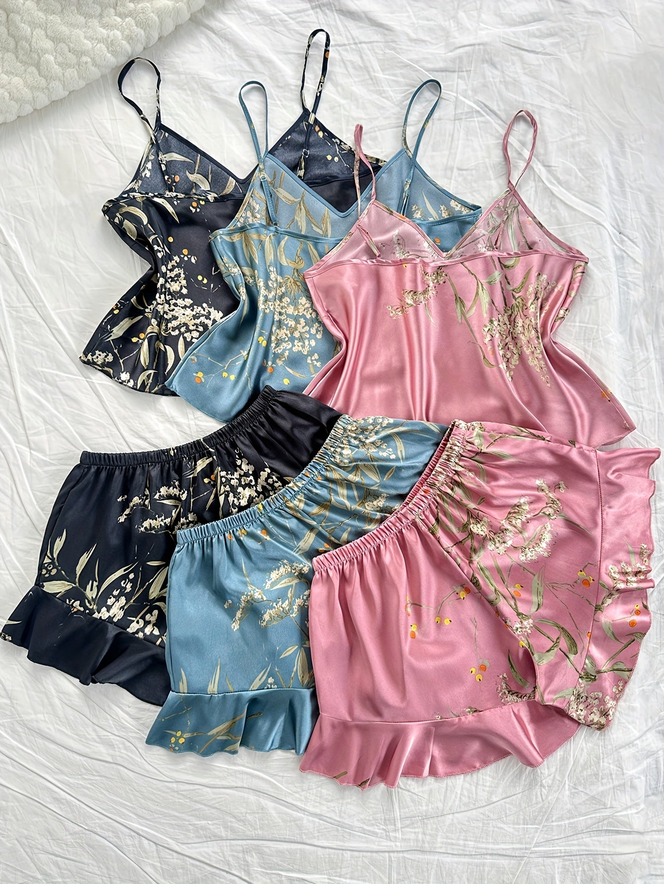 Women’s Premium Satin Cami Nightwear Set – Pack of 3 (Black, Blue & Pink Floral)
