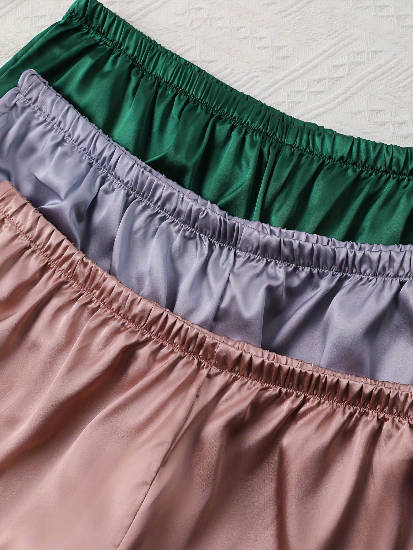 Women’s Premium Satin Night Suit Set – Pack of 3 (Rose Gold, Lavender & Emerald Green)