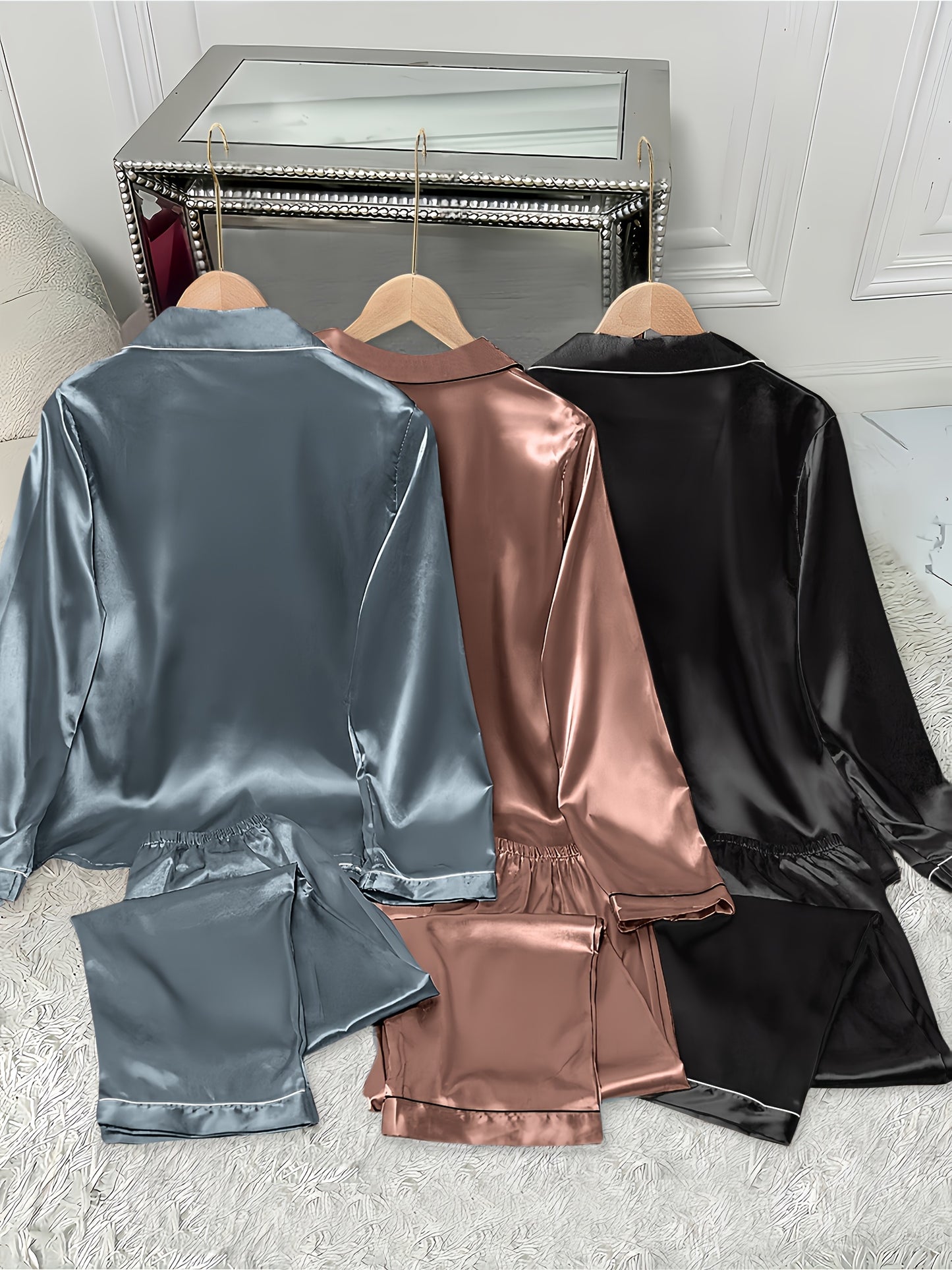 Women’s Premium Satin Night Suit Set – Pack of 3 (Black, Brown & Blue)