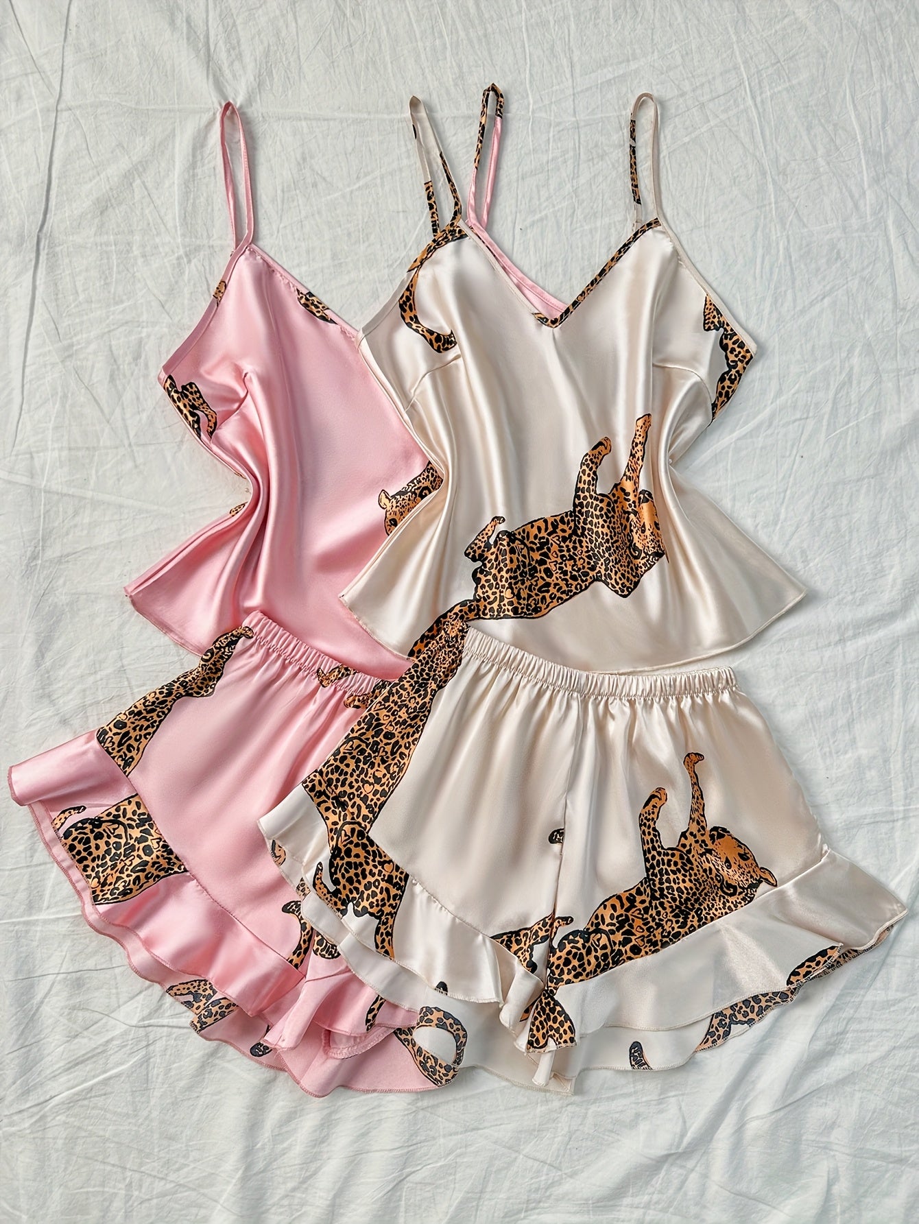 Women’s Satin Camisole Shorts Nightwear Set – Pack of 2 (Leopard Print | Pink & Cream)