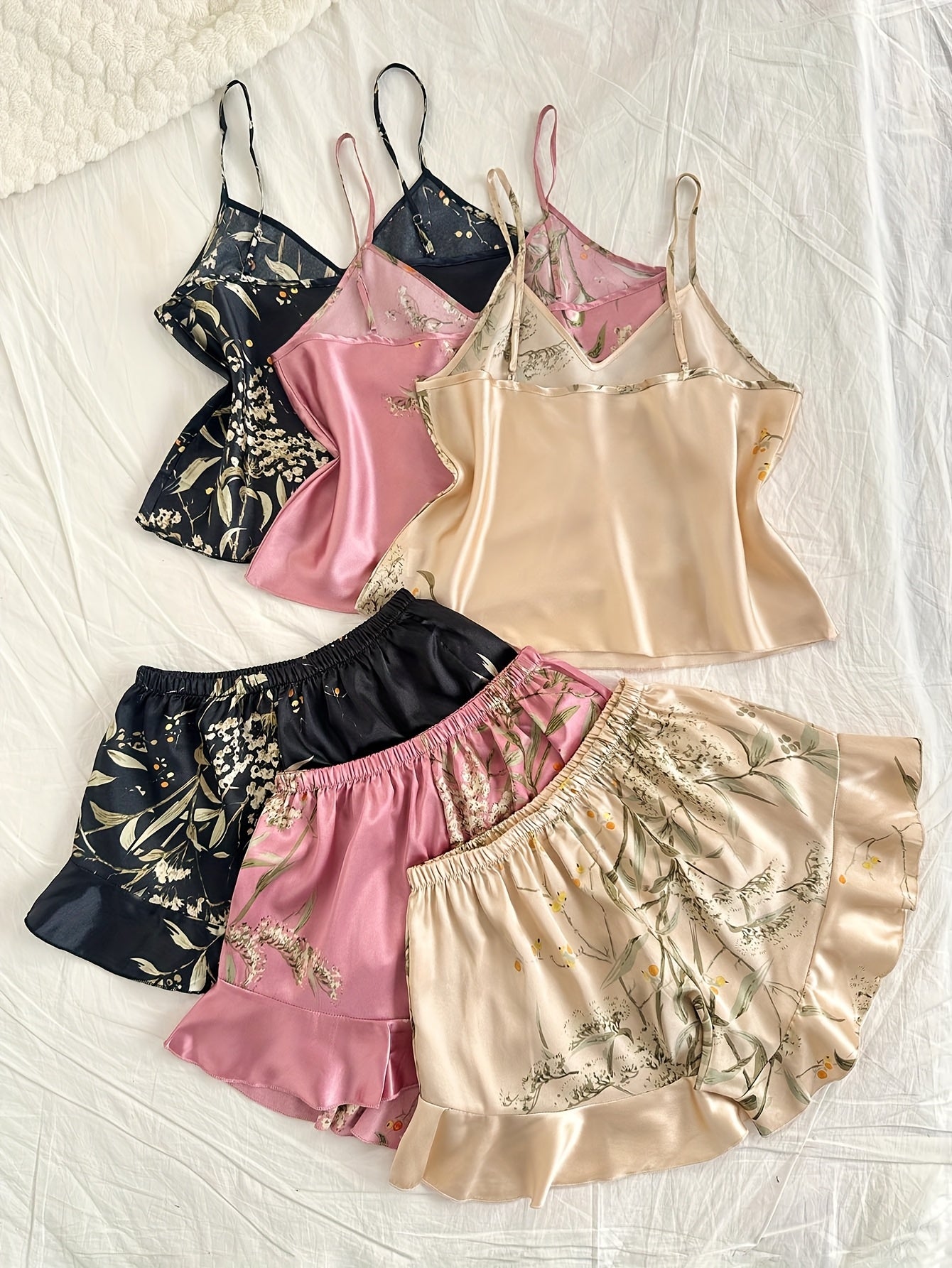 Women’s Premium Satin Cami Nightwear Set – Pack of 3 (Black, Pink & Beige Floral)