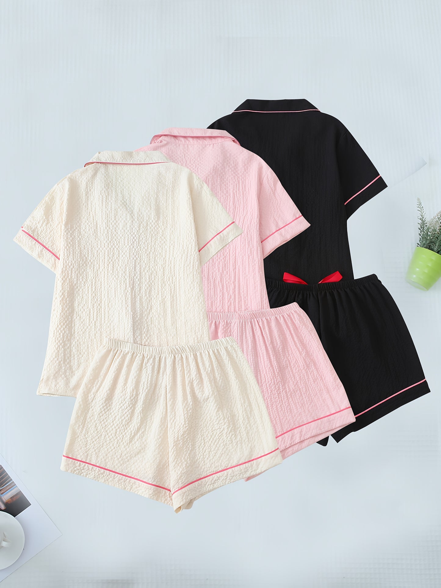 Women’s Premium Cotton Night Suit Set – Pack of 3 (Cream, Pink & Black)
