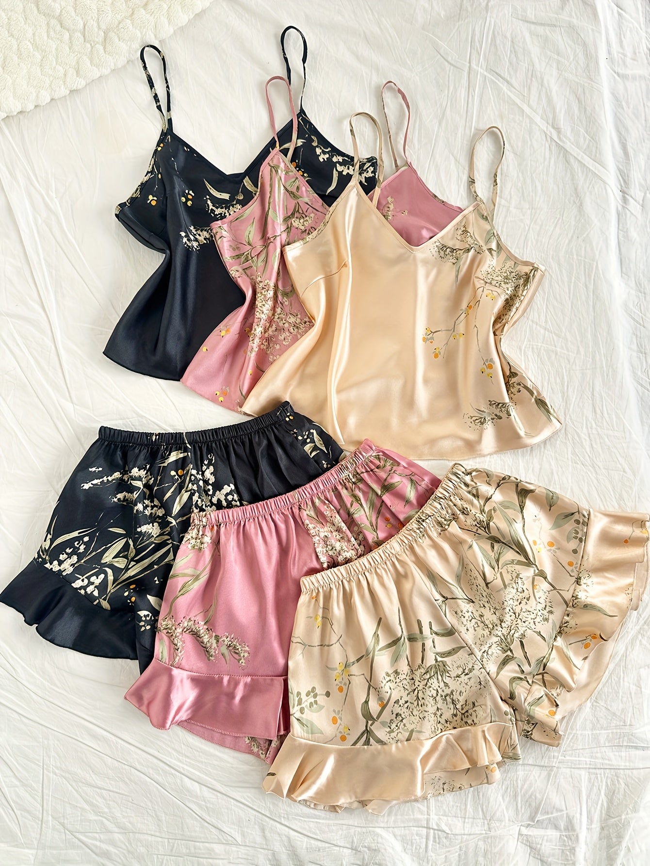 Women’s Premium Satin Cami Nightwear Set – Pack of 3 (Black, Pink & Beige Floral)