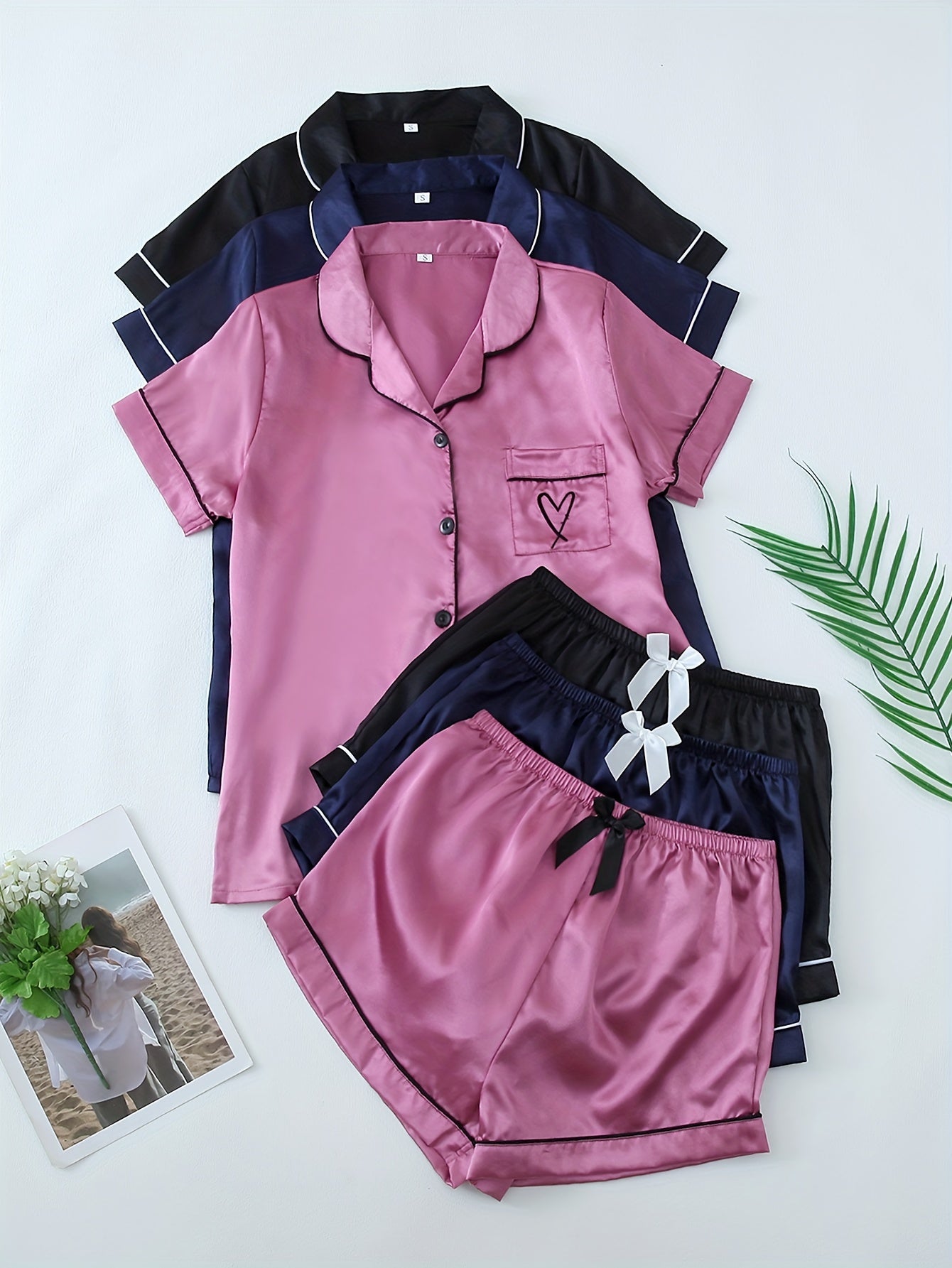 Women’s Premium Satin Night Suit Set – Pack of 3 (Pink, Navy Blue & Black)