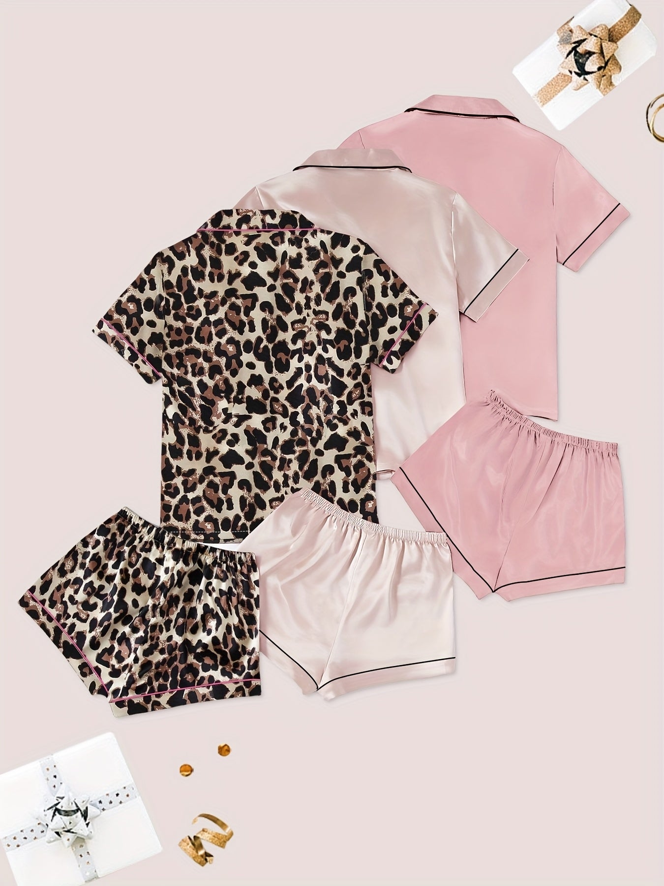 Women’s Premium Satin Night Suit Set – Pack of 3 (Leopard, Light Pink & Nude Pink)