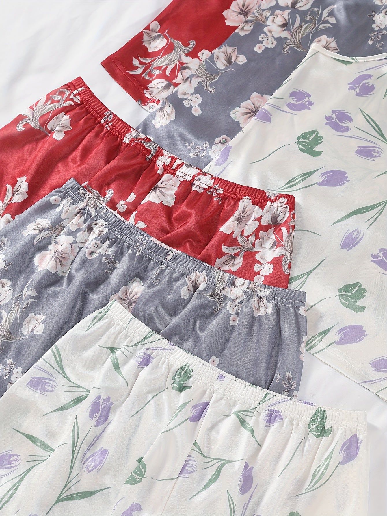 Women’s Premium Satin Cami Nightwear Set – Pack of 3 (Red, Grey & White Floral)