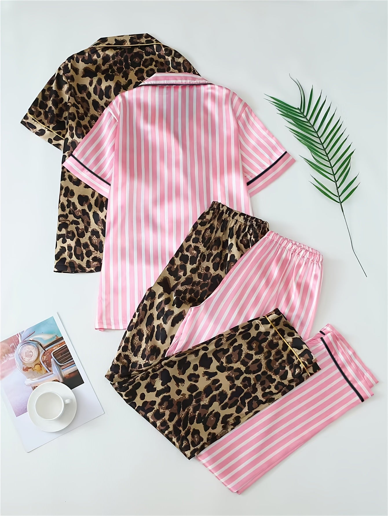 Women’s Satin Nightwear Combo Set – Leopard & Pink Stripe Pajama Pair