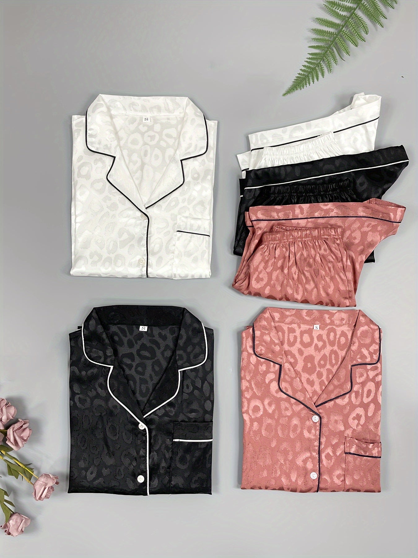 Women’s Premium Jacquard Satin Night Suit Set – Pack of 3 (Black, White & Rose Pink)