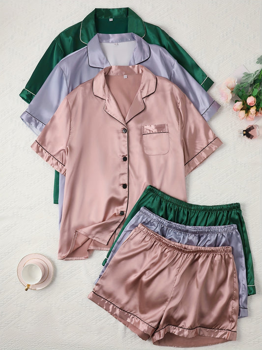 Women’s Premium Satin Night Suit Set – Pack of 3 (Rose Gold, Lavender & Emerald Green)