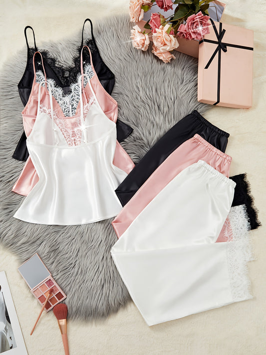 Women’s Satin Camisole Nightwear Set – Pack of 3 with Lace Detail (White, Pink & Black)