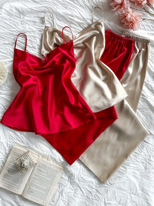 Satin Camisole Nightwear Set for Women – Pack of 2 (Red & Champagne Gold)
