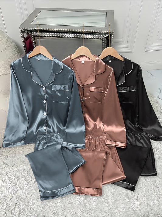 Women’s Premium Satin Night Suit Set – Pack of 3 (Black, Brown & Blue)