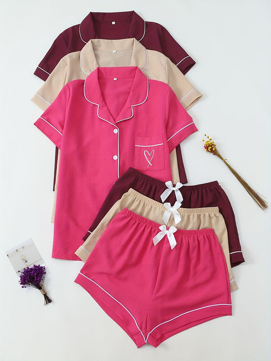 Women’s Cotton Nightwear Combo Set – Shorts & Shirt with Bow Detail (Pack of 3)