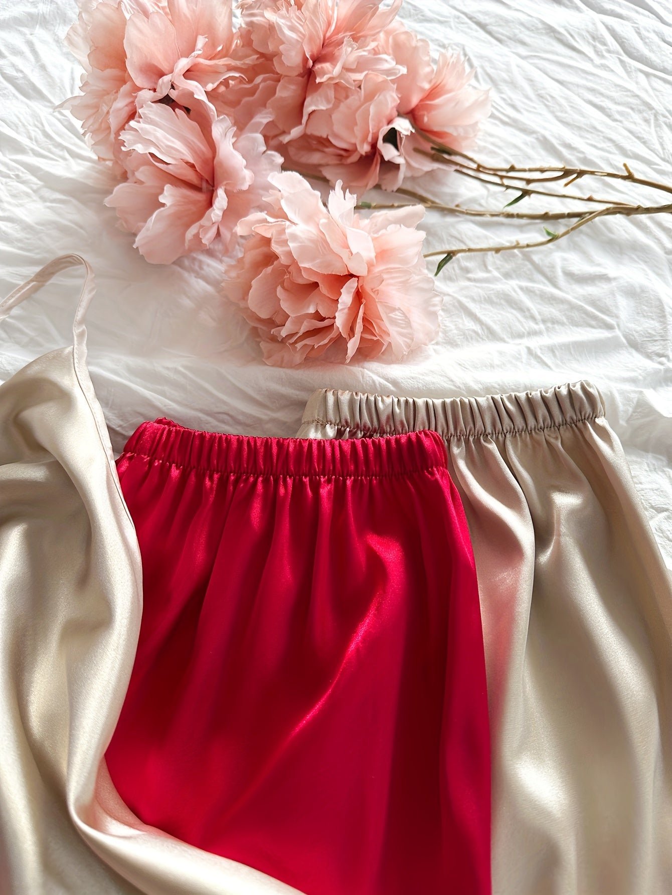Satin Camisole Nightwear Set for Women – Pack of 2 (Red & Champagne Gold)