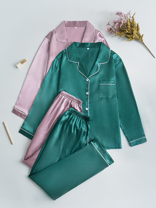 Women’s Premium Satin Night Suit Set – Pack of 2 (Emerald Green & Dusty Pink)