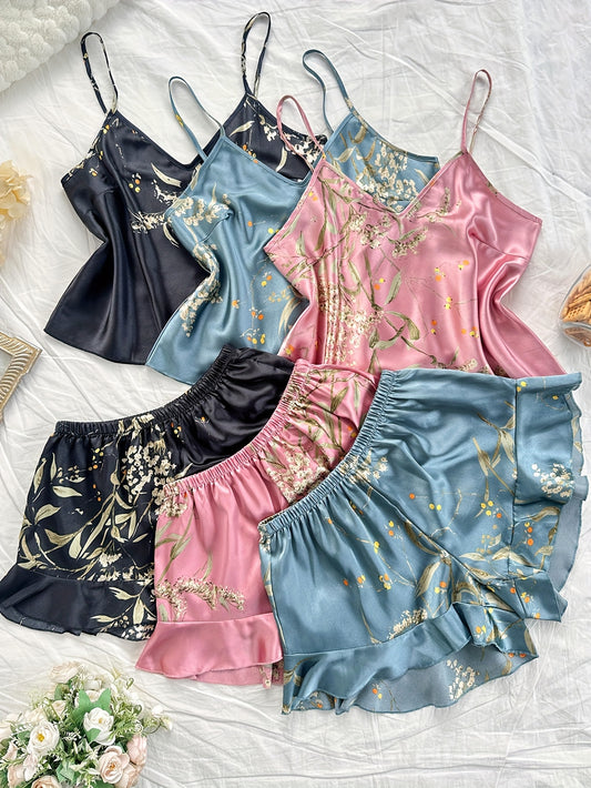 Women’s Premium Satin Cami Nightwear Set – Pack of 3 (Black, Blue & Pink Floral)