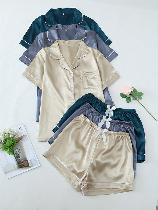 Women’s Premium Satin Night Suit Set – Pack of 3 (Beige, Grey & Teal)
