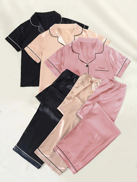 Women's Satin Short Sleeve Night Suit Set – Pack of 3 (Black, Beige & Pink)