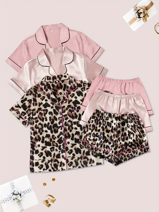 Women’s Premium Satin Night Suit Set – Pack of 3 (Leopard, Light Pink & Nude Pink)