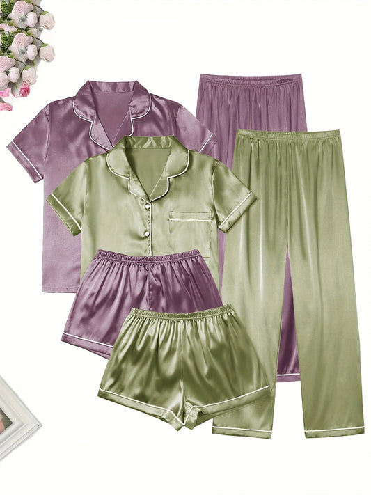 Women’s Satin Nightwear Combo Set – 2 Tops, 2 Shorts & 2 Pajamas (Lavender & Olive Green)