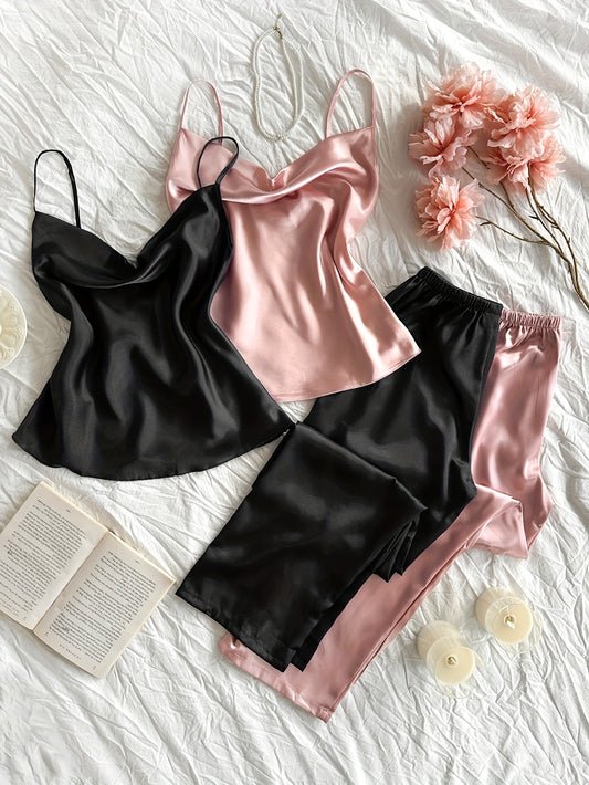 Women’s Satin Camisole Nightwear Set – Pack of 2 (Black & Pink)