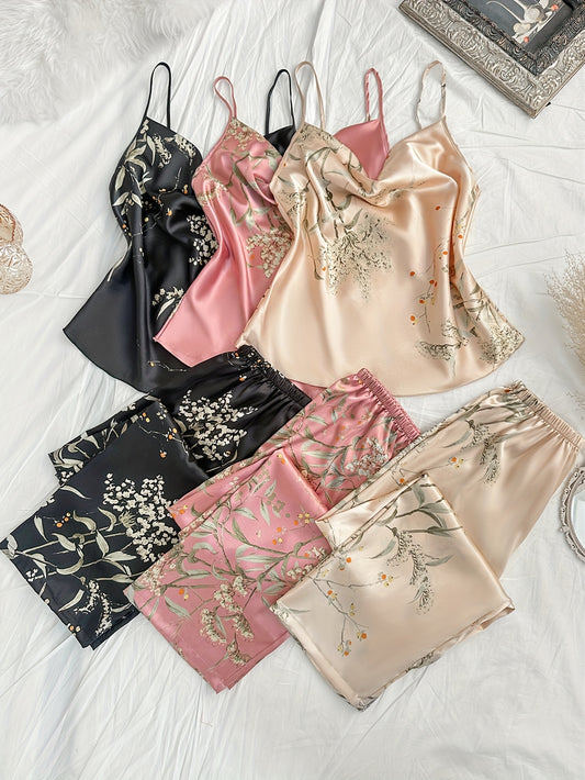 Women’s Floral Satin Camisole Nightwear Set – Pack of 3 (Black, Pink & Beige)