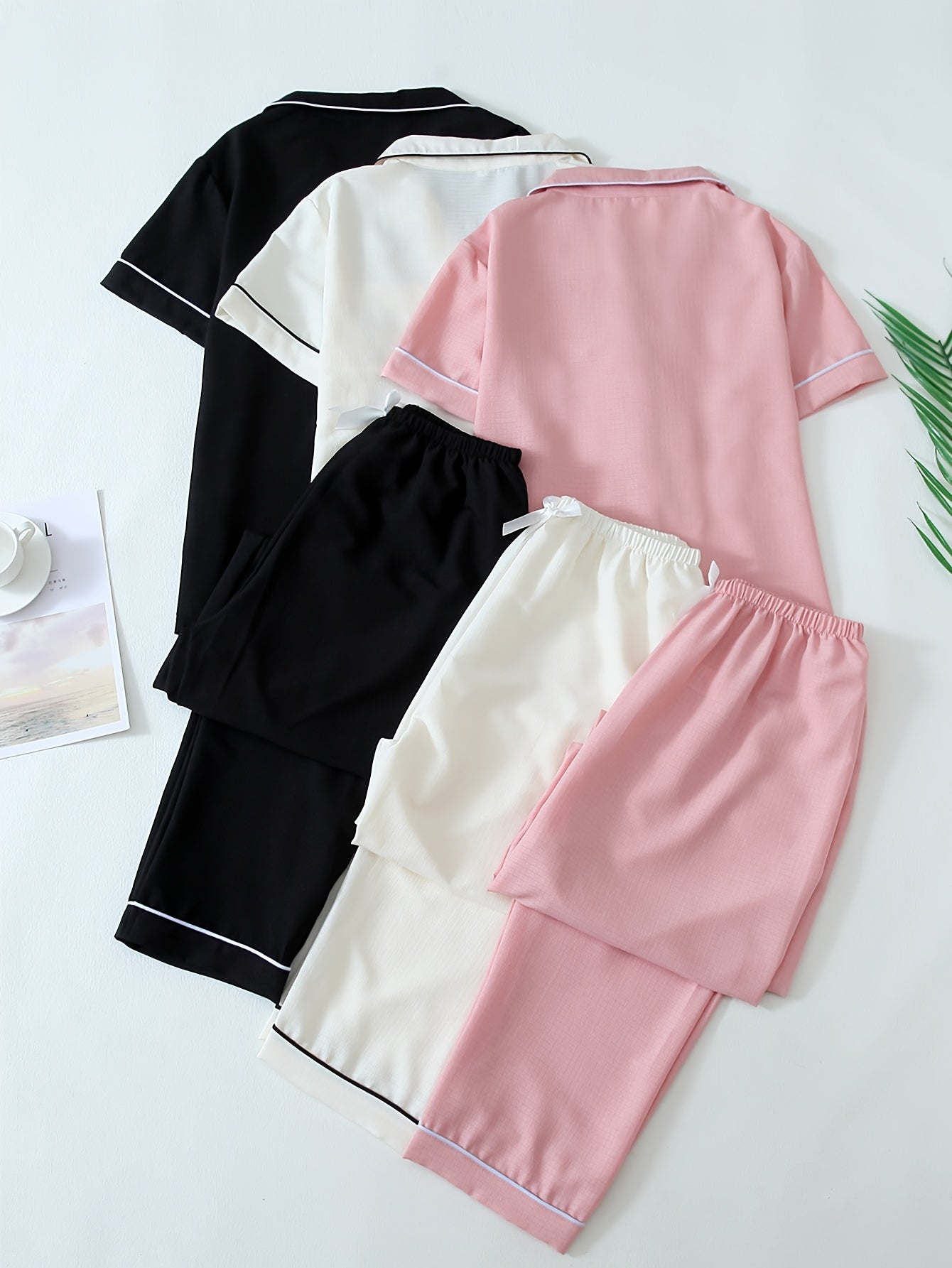 Women’s Cotton Pajama Set – Pack of 3 (Pink, White & Black) | Short Sleeve Nightwear