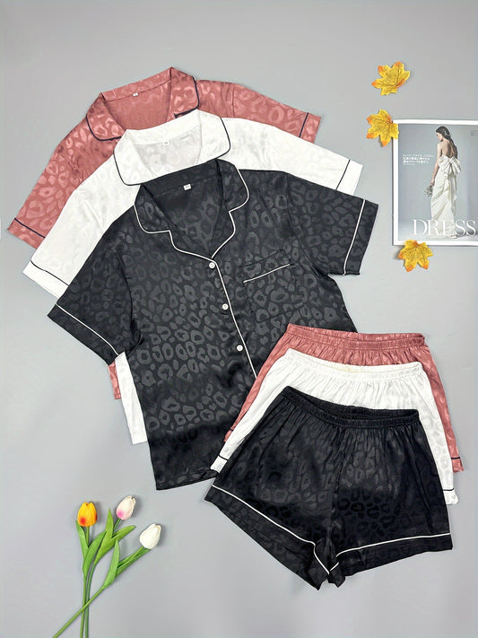 Women’s Premium Jacquard Satin Night Suit Set – Pack of 3 (Black, White & Rose Pink)