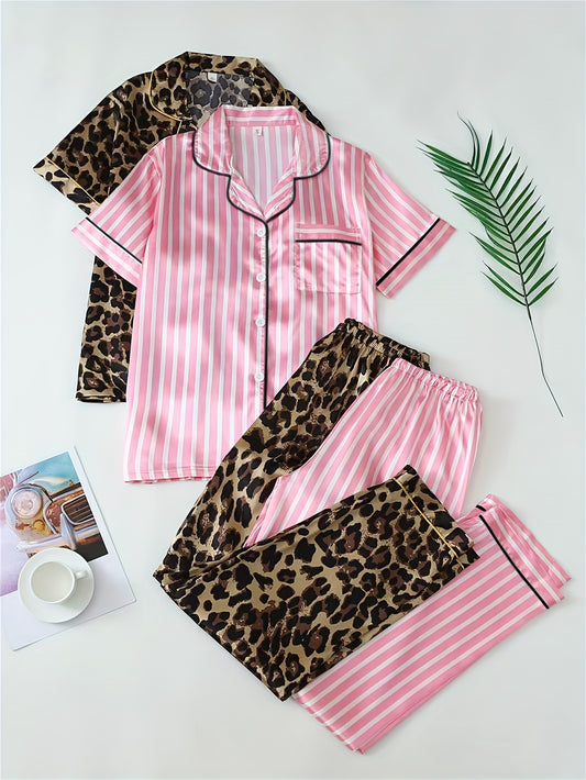 Women’s Satin Nightwear Combo Set – Leopard & Pink Stripe Pajama Pair