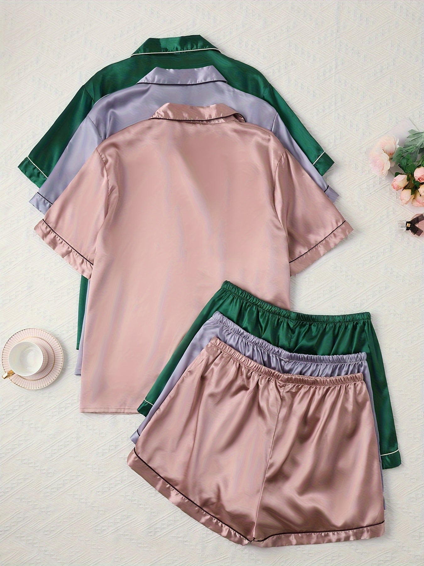 Women’s Premium Satin Night Suit Set – Pack of 3 (Rose Gold, Lavender & Emerald Green)